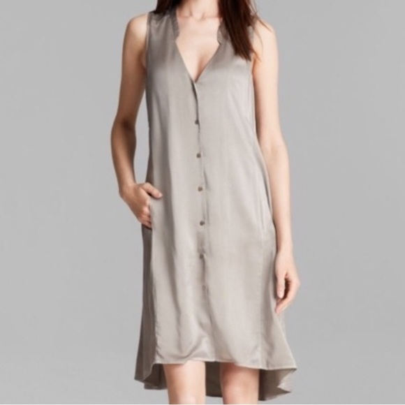 Eileen Fisher Gray Silk Charmeuse Button Down V-Neck Tunic Dress Size M Preppy - Picture 13 of 13